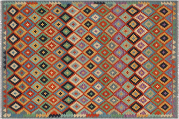 Flat Weave Kilim, Antique, Navaho, Vintage, Handmade, Modern Kilim Rust Blue Hand-Woven Rectangle 100% Wool Area Rug 6 x 8